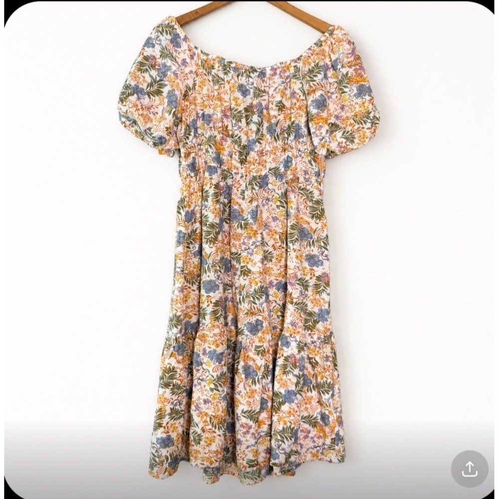 Jopra Floral Smocked Tiered Midi Dress Womens L Linen Blend Peasant Boho Puff